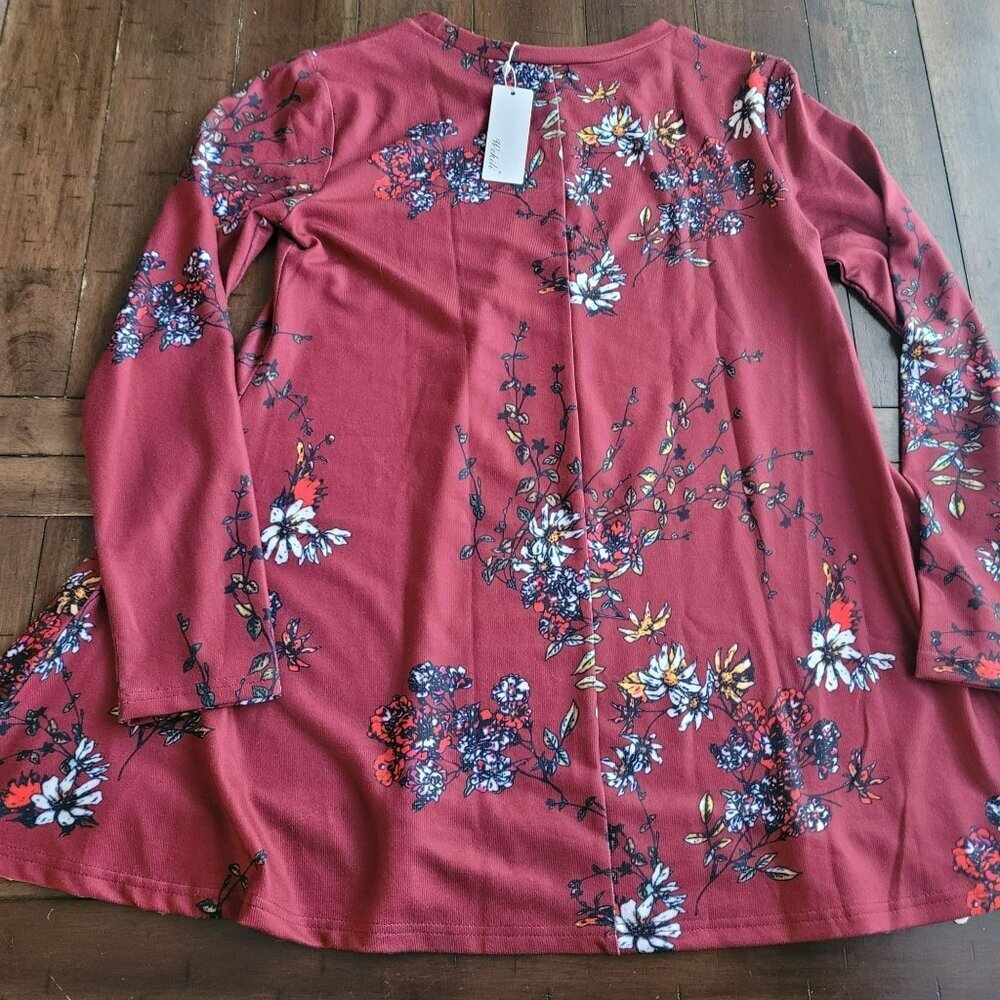 Wekili Floral Burgundy Long Sleeve Tunic With Lace Hem size M - Picture 2 of 5